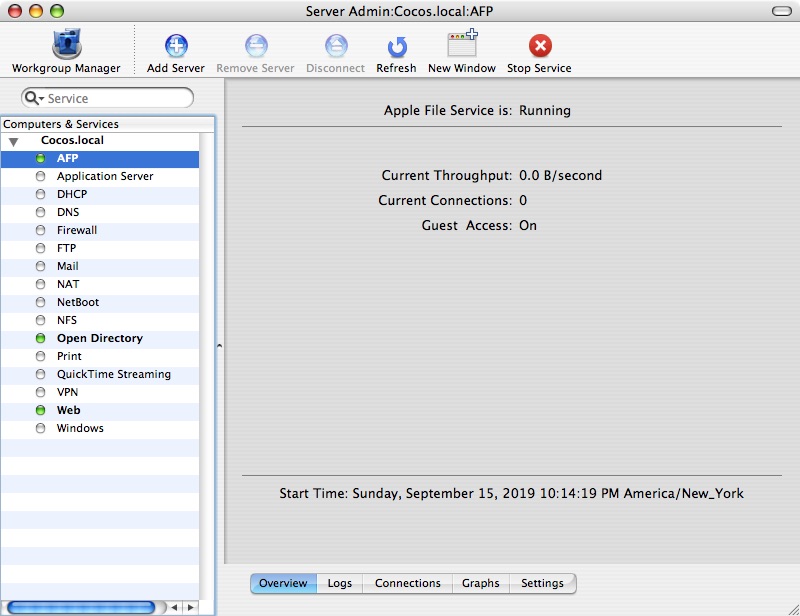 Screenshot of macOS X Server Admin application showing AFP overview panel