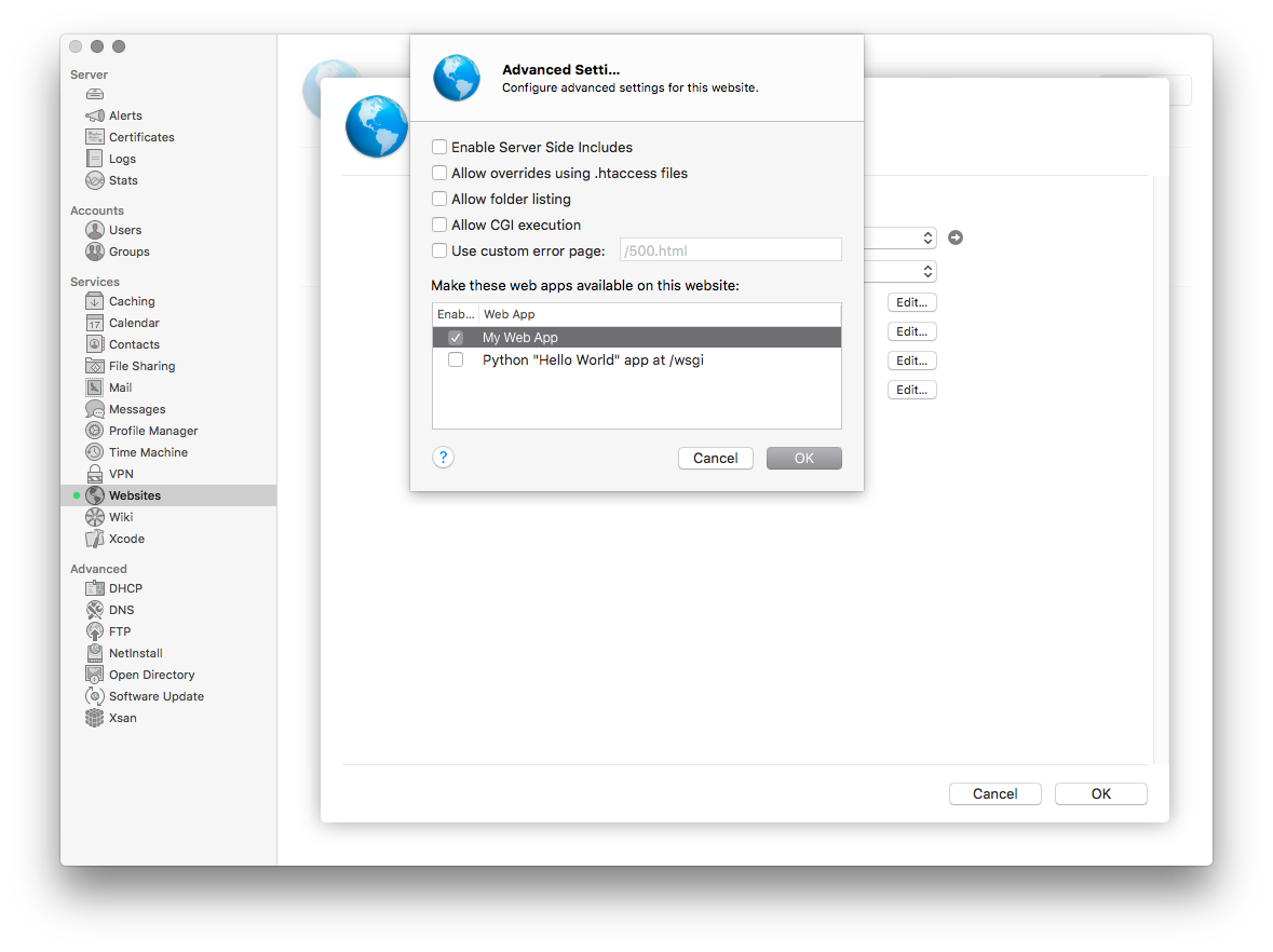 Screenshot of Server.app advanced settings window.